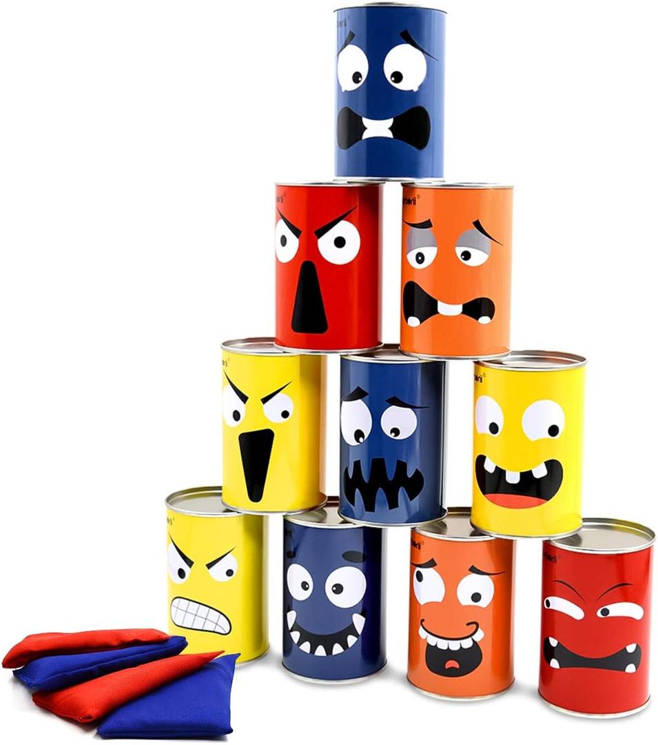 Halloween Bean Bag Toss Game for Kids & Family, Carnival Party Game with 10 Funny Face Cans & 4 Bean Bags