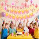 Birthday Decorations,Pink Happy Birthday Banner with Fairy lights,Pennant Banner,Honeycomb Balls and Star Hanging Swirls Streamer Happy Birthday Party Decorations for Women Men Boys Girls