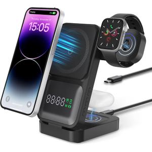4 in 1 Wireless Charging Station for Multiple Devices,15W Foldable Wireless Charger Stand with Time,Compatible with iPhone12-15 Series, Apple Watch, AirPods - Gifts for Men &Women(NO Adapter)