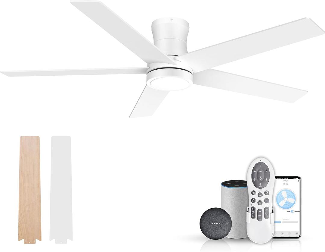 52" Smart Low Profile Ceiling Fan with Lights Remote,Controll by Voice WIFI Alexa App,Quiet DC Motor,Outdoor Indoor Flush Mount Ceiling Fans,Modern White Light Wood Fan for Bedroom Living Room Patio