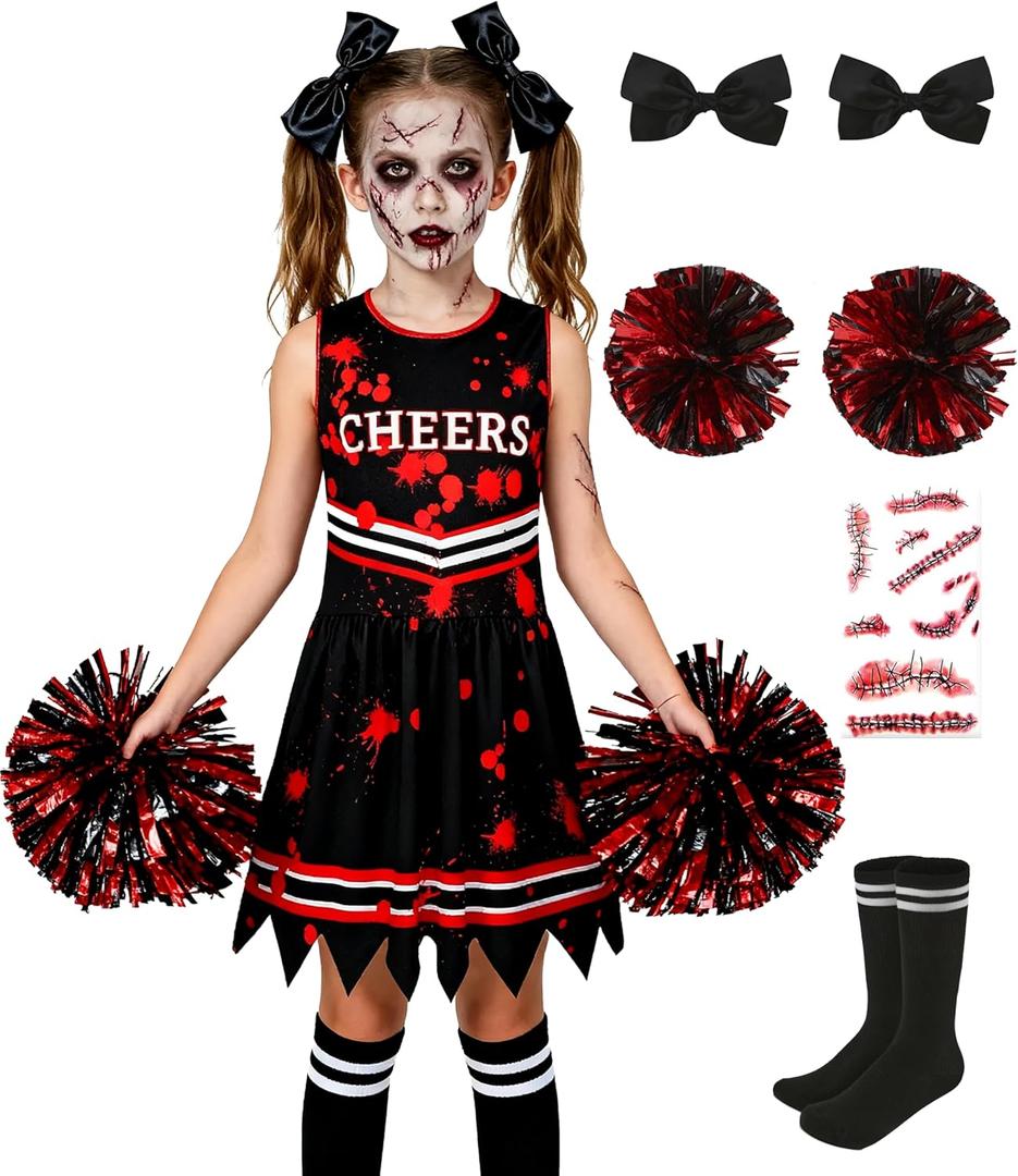 Cheerleader Dress Costume For Girl Full Set Dress Halloween Accessories (8-9T, Black Red 1)