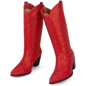 MISSMILLER Women’s Rhinestone Cowboy Boots Mid Calf Pointed Toe Sparkly Block Heel Cowgirl Boots with Pull On Tabs 7.5