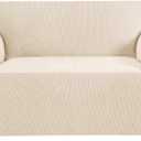 H.VERSAILTEX Stretch Couch Cover Loveseat Covers for 2 Cushion Couch Sofa Cover for Love seat 1 Piece with Elastic Bottom, Textured Checked Jacquard Fabric(Loveseat 58"-70" Wide, Natural)