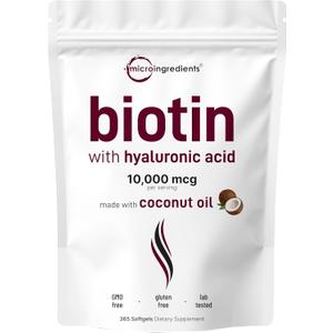 Micro Ingredients Biotin 10,000mcg w/Hyaluronic Acid 25mg | 365 Virgin Coconut Oil Softgels, Fast Release, One Year Supply, Supports Healthy Hair, Skin & Nails, Non-GMO & No Gluten