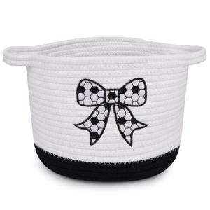Bow Woven Basket- Beautiful Cotton Rope Gift Basket with Embroidered Soccer Bow, White Oval Empty Storage Decorative Bin, Baby Nursery Shower Towel Organizer Gift Storage Holder,9"D x 7"H in
