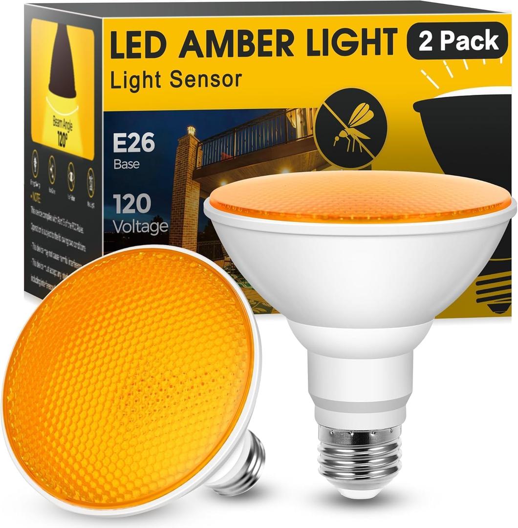 JandCase Bug Light Bulbs, Dusk to Dawn Bug Light Bulbs for Outside, 11W Yellow Bug Light Bulbs Outdoor, 100Watt Equivalent PAR30 Flood Light Bulbs for Porch Patio Courtyard, Non-Dimmable, 2 Pack