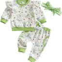 Toddler Baby Girl St Patricks Day Clothes Bow Clover Print Crewneck Sweatshirt Tops Sweatpants Set 2 Piece Outfit (Green)