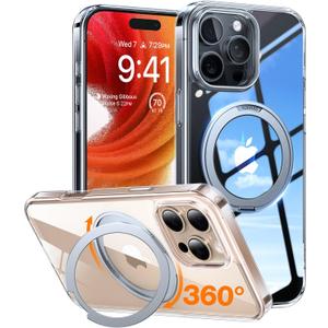 TORRAS Upgraded 360Rotatable Magnetic Ring for iPhone 16 Pro Max Case, Fit for MagSafe with Stand & Ring Holder, 16FT Mil- Grade Shockproof Translucent for iPhone 16 Pro Max Phone Case Ostand, Clear