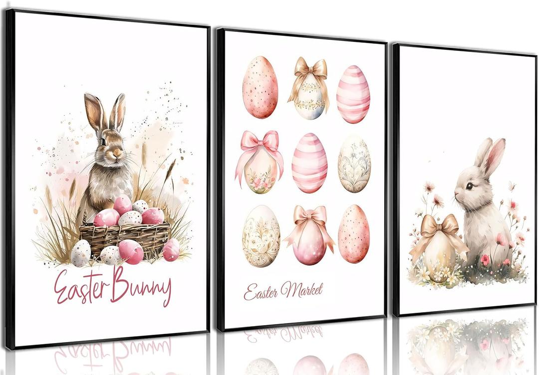 3Pcs Easter Bunny Poster Wall Art Pink Easter Eggs Wreath Canvas Prints Cute Watercolor Rabbit Pictures Wall Decor for Baby Boys And Girls Living Room Bedroom Home Decoration Un framed (24"L x 16"W)