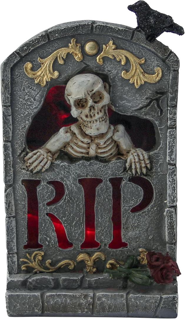 Halloween Decoration Indoor 7.6 Tombstone Statue with LED Lights Spooky Skull Head Gravestone Skeleton RIP Lighting Changes Halloween Village for Table Shelf Home Party Outdoor Decor Gifts (Gray)