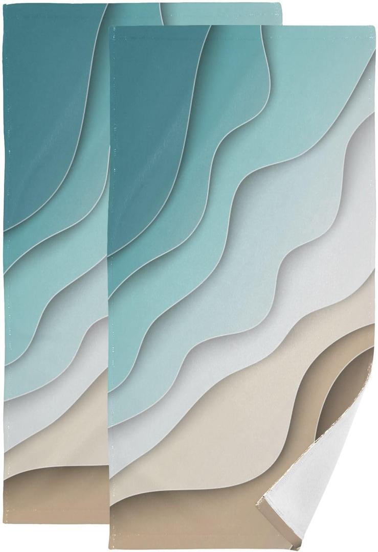 Turquoise Brown Cream Gradient Hand Towels Set of 2 Soft Abstract Beach Theme Ocean Bath Fingertip Towels Decorative Hand Towels for Bathroom Guest Face Towel Modern Kitchen Towels 14"x28"