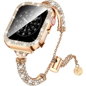 LETOID Bling Band & Case Compatible with Apple Watch 40mm 41mm 42mm 44mm 45mm 46mm Series 11 10 9 8 7 6 5 4 SE for Women, Fancy Metal iWatch Bands Rhinestone Bracelet Dressy Strap with Face Cover