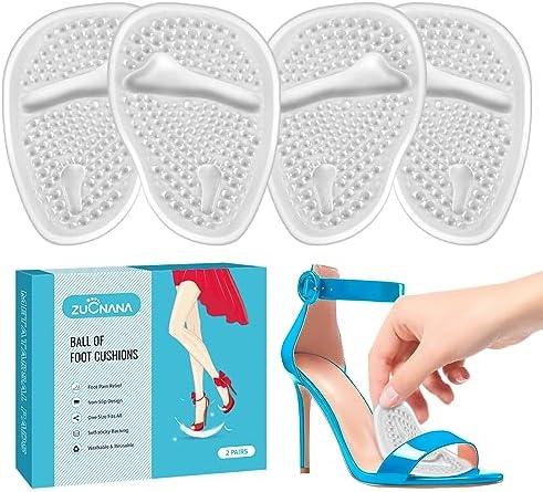 ZUCNANA Ball of Foot Cushions (2 Pairs Gel Shoe Inserts), Heel Inserts for Women, Non Slip Heel Pads, Heel Cushions for Women Foot Pain Relief and Comfort, One Size Fits Any (Clear)