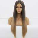 Long Brown Blonde Ombre Wig for White Women, Synthetic Straight Highlight Dirty Blond Wig with Dark Roots, Hispanic Ladies Realistic Natural Looking Hair Replacement Wigs