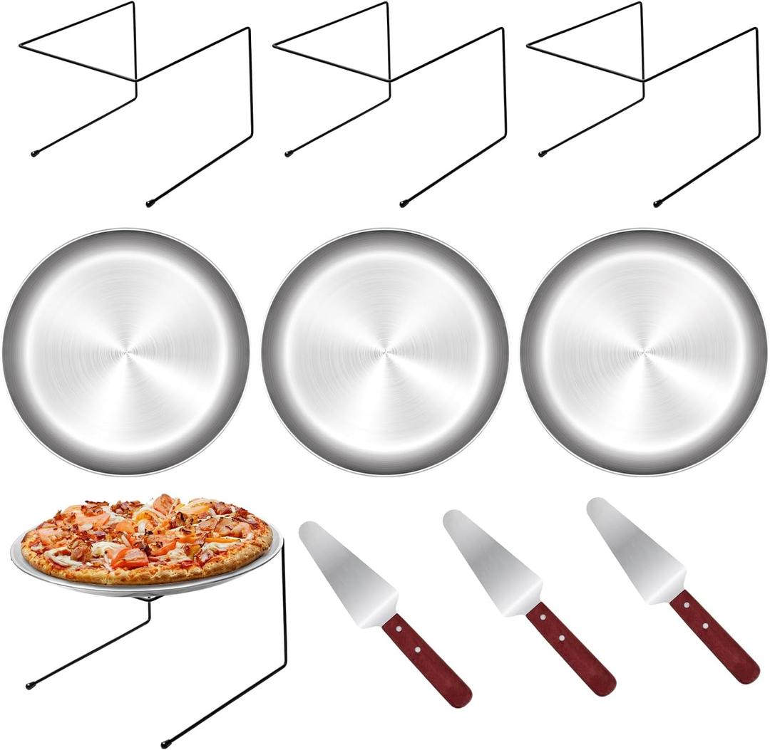 9 Pieces Pizza Pan Riser Stands Sets with 3 Metal Pizza Table Stands 3 Pizza Pans and 3 Wood Handle Pie Server Pizza Serving Tray Display Stands for Pizza Party Dessert Cheese Baking (9 PCS)