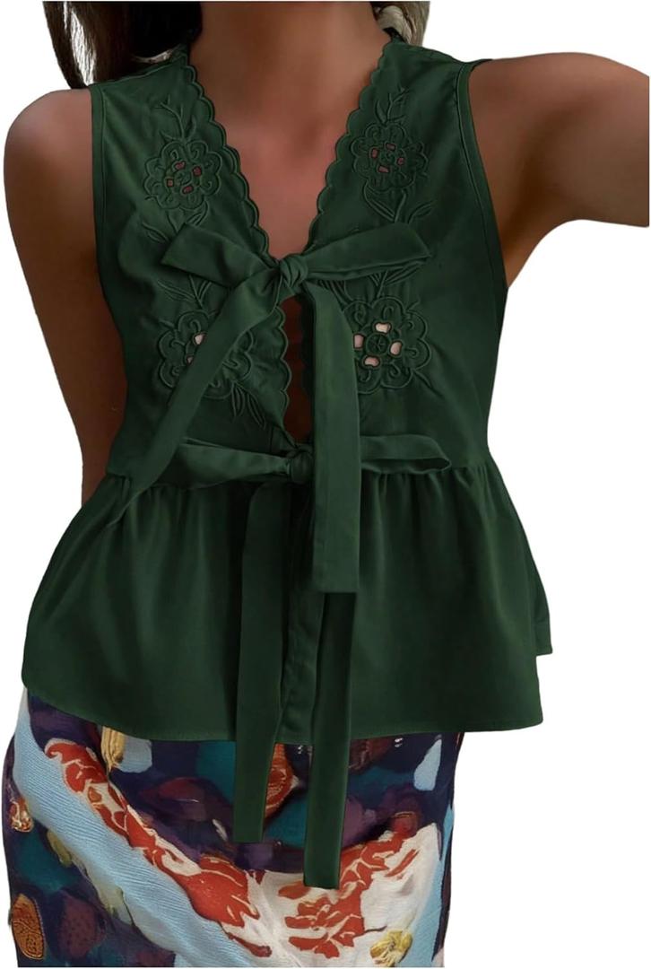 SOLY HUX Women's Y2k Bow Tie Front V Neck Sleeveless Blouse Eyelet Embroidery Ruffle Hem Babydoll Tops (Blue, S)