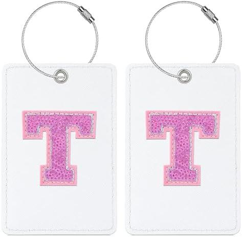 Sodsay 2 PCS Initial Luggage Tag, Luggage Tags for Suitcases Cute Sequin Letter PU Leather Travel Bag Baggage Tags ID Label with Steel Loops for Women Kids Teens (T, White Leather+Hot Pink Letter)