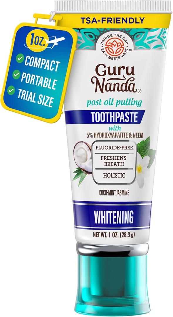 GuruNanda Travel Toothpaste with Hydroxyapatite, Travel-Size Toothpaste to Whiten Teeth & Freshen Breath, TSA-Friendly, Portable, Compact, Fluoride Free, Natural CocoMint Jasmine Neem, 1 oz (1 Ounce (Pack of 1))