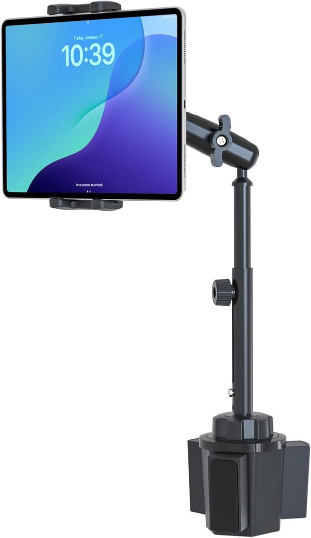 Cup Holder Tablet Mount for Pickup Truck, [Adjustable Height] Metal Long Arm SUV Tablet Mount Heavy Duty, Universal Car Cup Holder for 4-13" iPad Pro Air Mini, Phone, Galaxy Z Fold, Fire HD