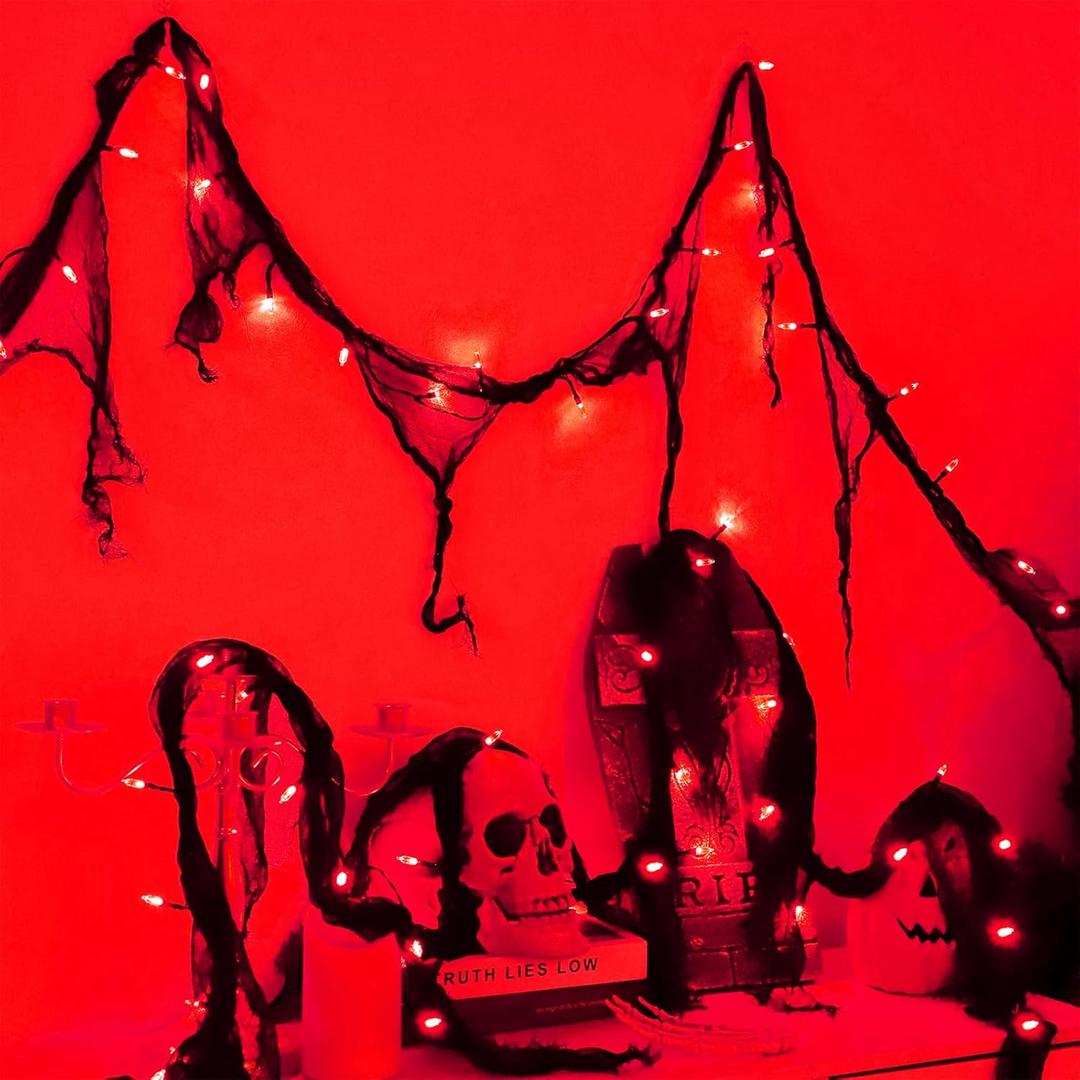YAOZHOU Halloween Decorations String Lights Red Indoor 30LED with Black Gauze Timer, 2Mode Battery Operated 9.9Ft Creepy Cloth Spooky Lights, Gothic Party Room Decor (1PACK