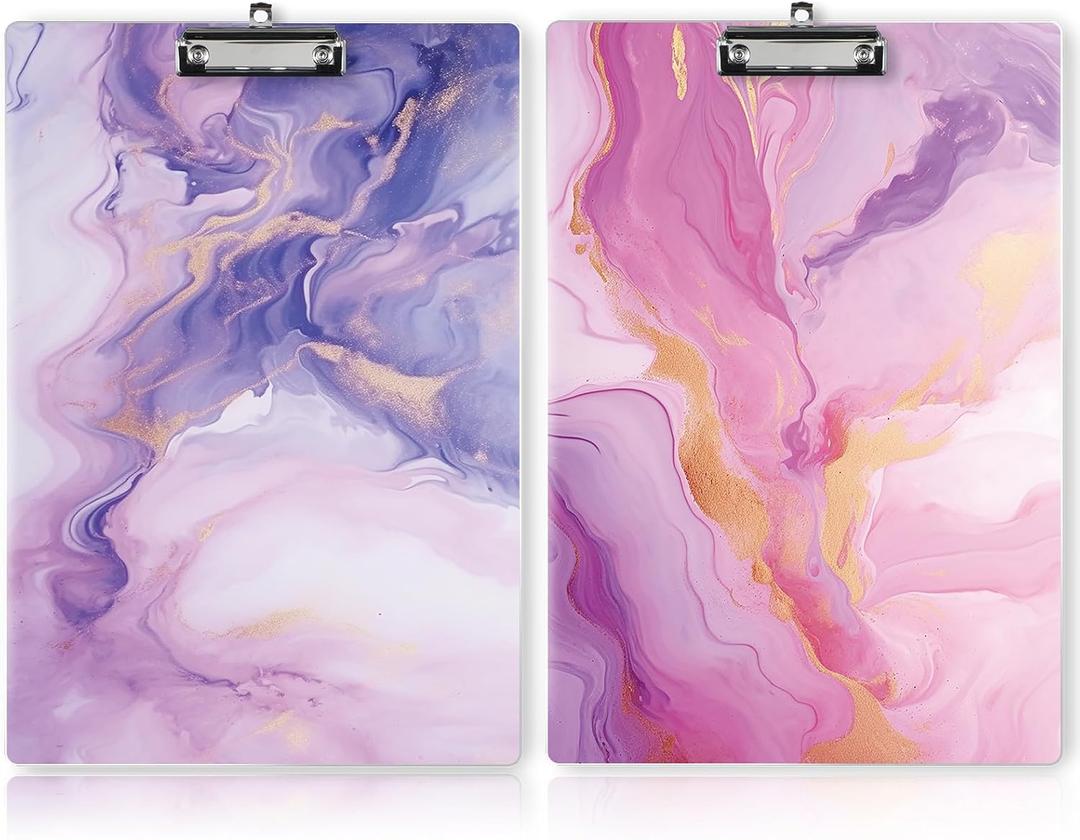 2 Pack 12.5 x 9 Inch Clipboards for Teacher Plastic Clipboards Back to School Clipboard with Clip A4 Letter Size Hardboard for Office Supplies Nursing Essentials Must Haves (Pink Purple Marble)