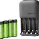 Amazon Basics 4-Bay Battery Charger for AA & AAA Rechargeable Batteries with Pre-Charged AA NiMh Batteries, LED Operation, Type A (American) Plug, 4 Count, Black