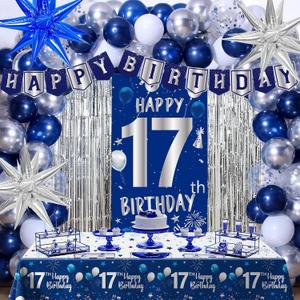 Blue 17th Birthday Decorations for Boys Girls, Happy 17th Birthday Decorations for Men, Navy Blue 17 Birthday Banner, 17 Year Old Boy Bday Party Ballloons Arch Tablecloth Backdrop Star Balloons Decor