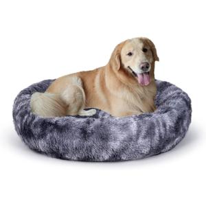 Oval Calming Donut Cuddler Dog Bed,Shag Faux Fur Cat Bed Washable Round Pillow Pet Bed(30"/36"/43") for Small Medium Dogs (XL(36"x27"x7"), Grey2021)