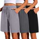Neer 3 Pack Cotton Bermuda Shorts for Women Wide Leg High Waisted Drawstring Gym Shorts with Pocket (XX-Large, Black, Heather Dark Gray, Heather Light Gray)