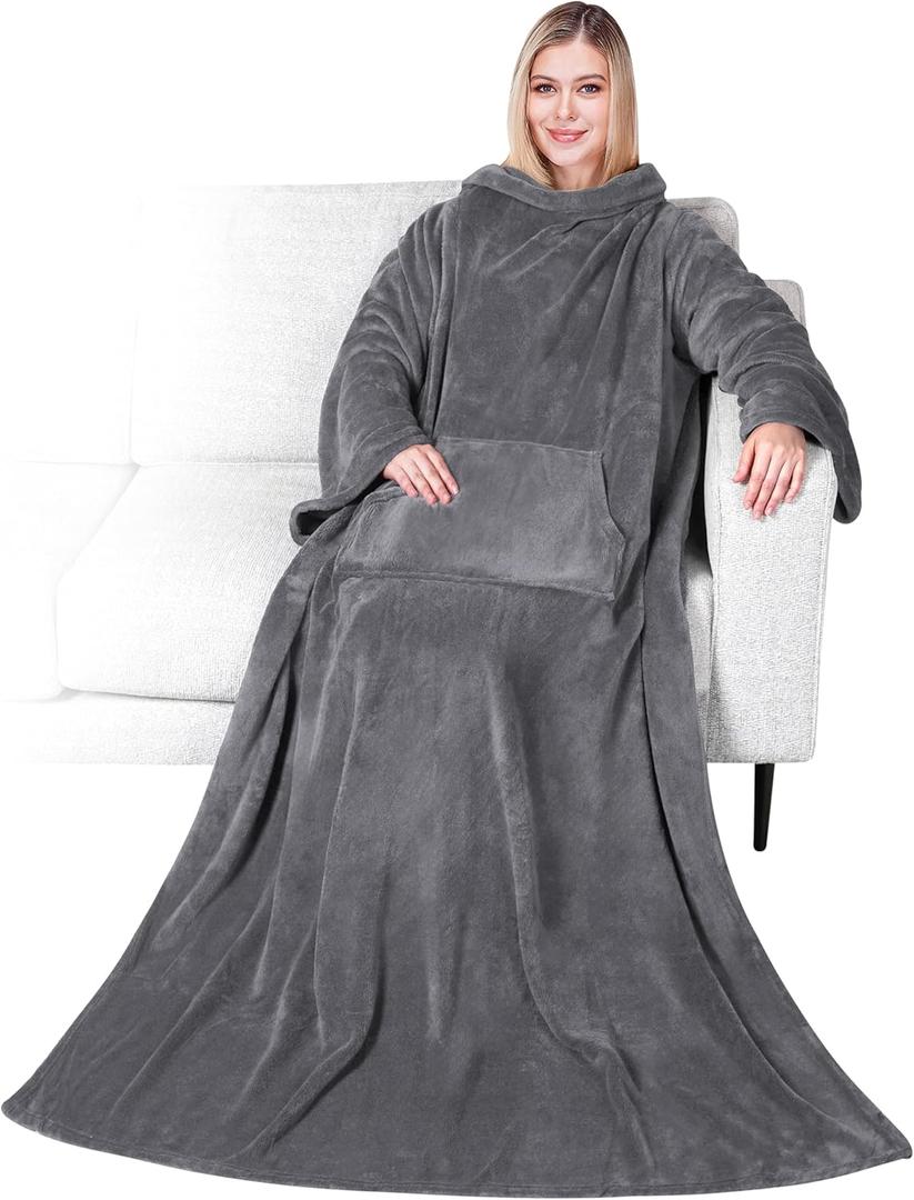 PAVILIA Blanket with Sleeves for Adult Women Men, Soft Warm Wearable Blanket Fleece Wrap Throw, Robe Blanket Gift (Charcoal)