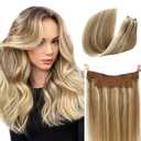 22inch 100g Human Hair Wire Extensions Ombre Golden Blonde with Medium Blonde Invisible Wire Hair Extensions Real Human Hair Invisible Silk Straight Blonde Highlighted Flip in Hair Extensions