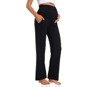 Foucome Women's Maternity Pants Casual Loose Wide Leg Cozy Pant Pregnancy Palazzo Lounge Trousers with Pockets (Large, Black)