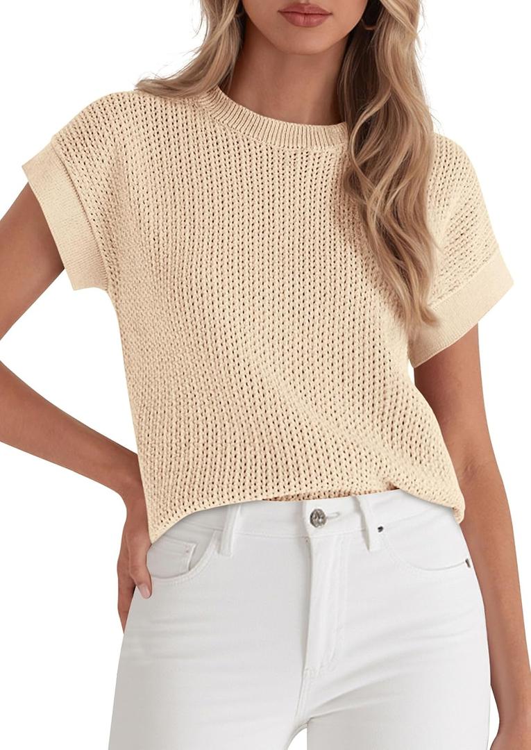 PRETTYGARDEN Women's 2026 Spring Fashion Sweater Vest Business Casual Crochet Tops Cap Sleeve Knit Shirt Beach Summer Outfits (Beige, M)