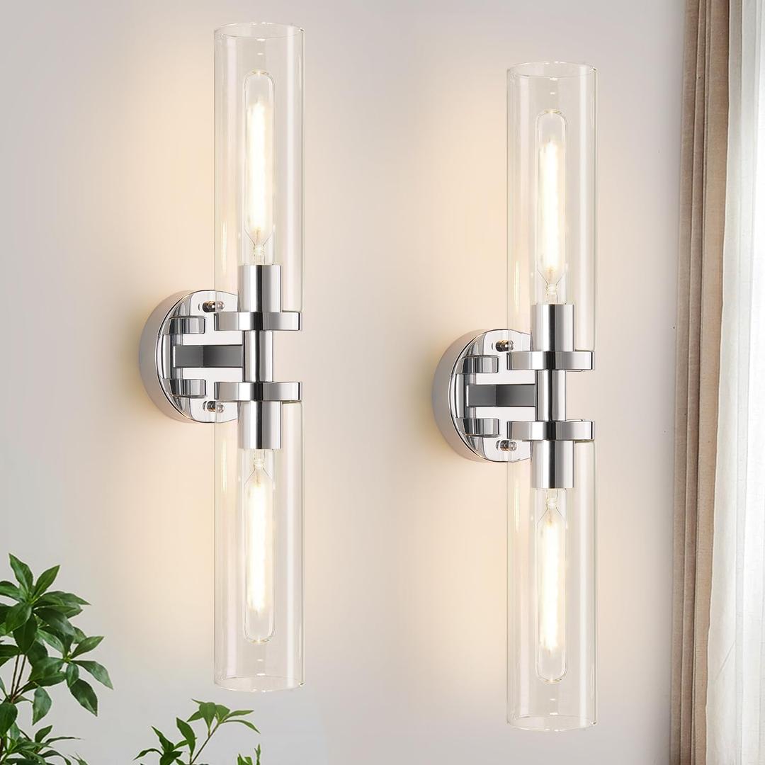 Wall Sconces Set of Two, Chrome Bathroom Sconces Wall Lighting with Clear Glass, Modern Sconces Wall Decor Set of 2 Bathroom Light fixtures for Mirror Living Room Hallway Bedroom