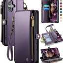 Defencase Compatible with iPhone 16 Case Wallet with RFID Blocking Card Holder for Women and Men, Fashion PU Leather Magnetic Snap Flip Zipper Strap Wallet Phone Case for iPhone 16 6.1", Purple