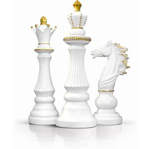 Large Chess Pieces Decor with Knight, King and Queen, Vintage Gold Chess Decor for Living Room, Bookshelves and Office Cabinets (White)