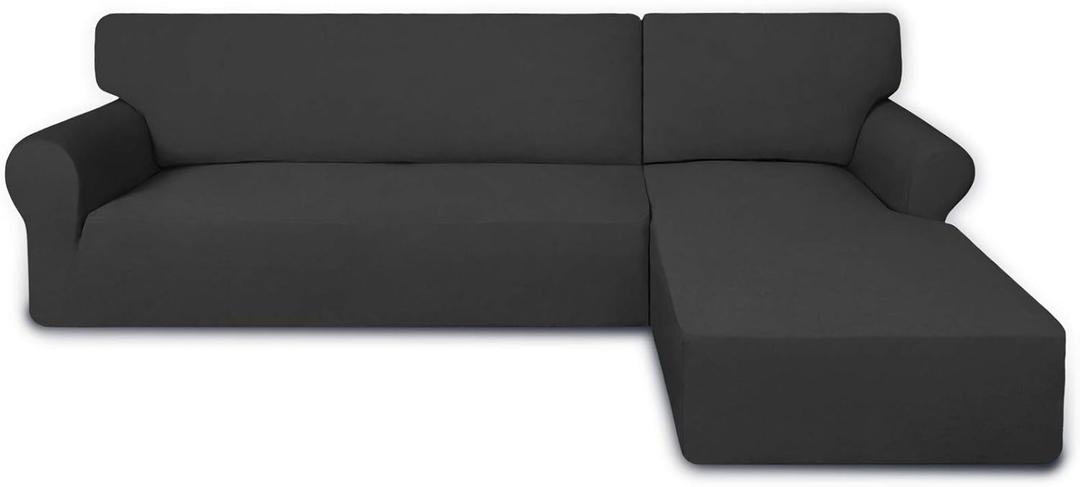 PureFit Super Stretch Sectional Couch Covers - 2 pcs Spandex Non Slip, with Elastic Bottom for L Shape Sectional Sofa Couches, Great for Kids & Pets (3 Seat Sofa + 3 Seat Chaise, Dark Gray)