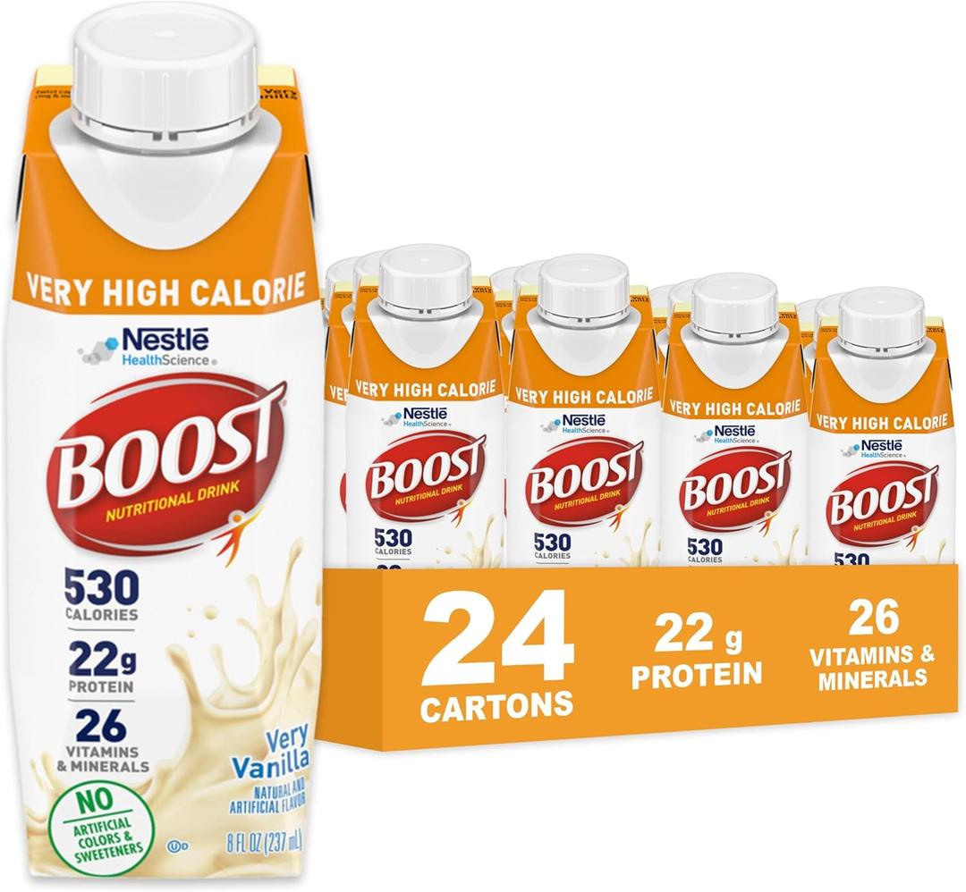 Boost Very High Calorie Vanilla Nutritional Drink 22g Protein, 530 Nutrient Rich Calories, 8 Fl Oz (Pack of 24)(BB: August 10, 2026)