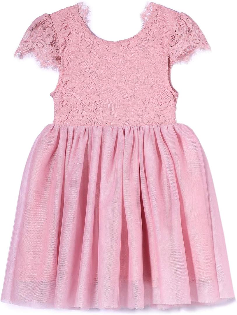 Niyage Toddler Girls Tulle Princess Party Dress Baby Elegant V-Back Lace Flower Girl Dresses (5-6 Years, Knee-pink)