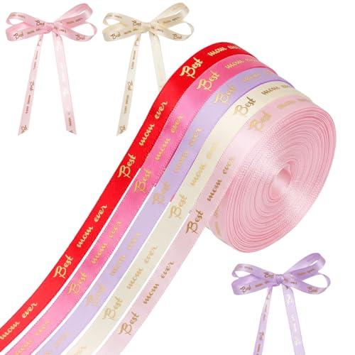Nfvjfxz 5 Rolls Mothers Day Ribbon 3/8 Inch Colorful Satin Ribbon Gold Foil Mom Ribbons for Mothers Day Home Decorations Gift Wrapping Wreath Bow DIY Crafts Total 50 Yards