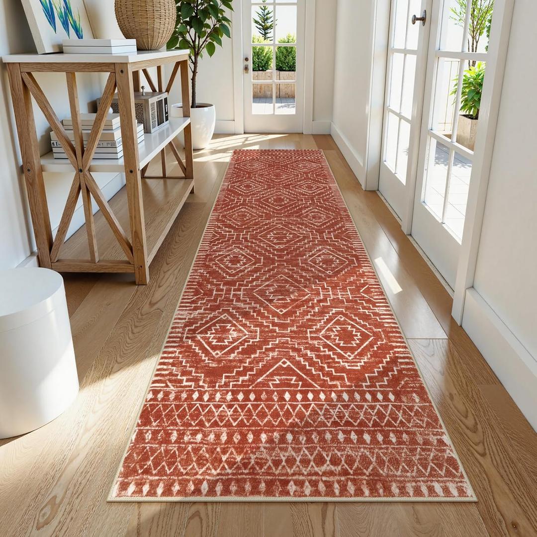 Wonnitar Moroccan 2'6"x8' Hallway Runner Rug, Washable Long Farmhouse Laundry Room Rug Runner, Non-Skid Boho Tribal Geometric Floor Carpet Runners for Kitchen Entrance Bathroom (Brown,2'6"x8')