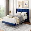 Gruwans Twin Size Bed Frame with Upholstered Wingback Headboard, Easy Assemnly Platform Bed, Wooden Slat Support No Box Spring Needed, Navy Blue