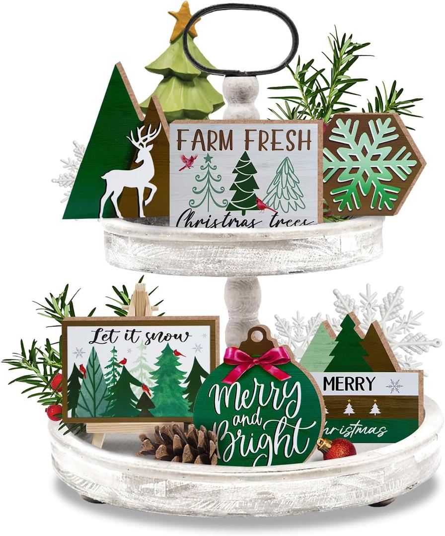 Guoofu 11 Pcs Merry Christmas Green Tiered Tray Decor, Farm Fresh Xmas Tree Balls Reindeer Snowflake Farmhouse Wood Decorations Set, Winter Holiday Rustic Wooden Decorative Signs for Home Table Shelf