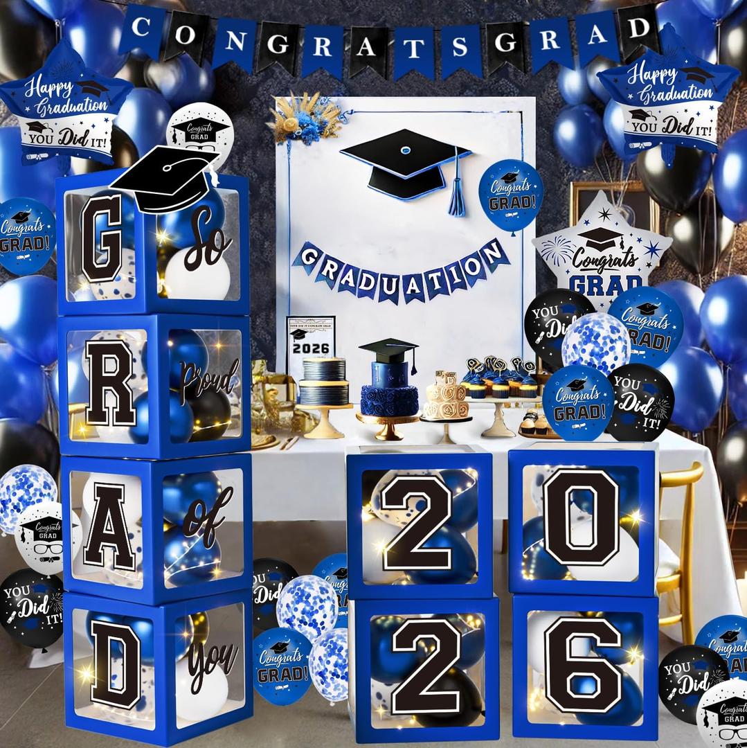 Graduation Decorations Class of 2026 - Blue Graduation Decorations - Balloons Boxes with Letters 2026 GRAD So Proud of You, Congrats Grad Party Decorations for Any Grades (Blue and Black)
