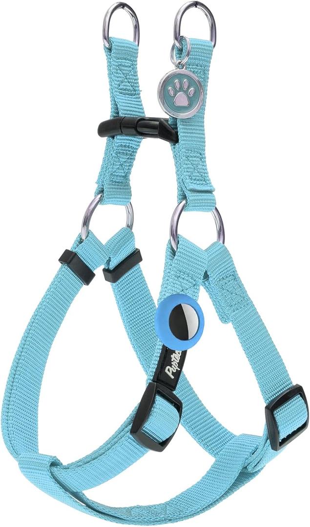 PUPTECK No Pull Dog Harness Soft Adjustable Basic Nylon Step in Puppy Vest Outdoor Walking with ID Tag and A-ir Tag Case, Sky Blue, M (Light Blue(Holder Bundle))