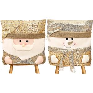 Christmas Chair Covers, Set of 2 Cartoon Christmas Dining Chair Slipcover, Cute Santa Claus Snowman Reindeer Xmas Chair Back Covers, Gold Glitter Seat Cover for Home & Kitchen Decor (Santa & Snowman)