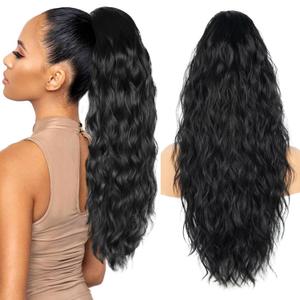 26 inch Black Ponytail Extension, Drawstring Ponytail for Women, Long Wavy Pony Tails Hair Extensions, Synthetic Hair Extensions Ponytail for Daily Use (Color: Black)