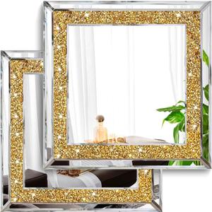 2 Piece Wall Mirrors, Crush Diamond Wall Decor, Gold Color Decorative Mirrors for Living Room, Bedroom, Bathroom. (12'x12') (12x12 inch (2 Pack) Square)