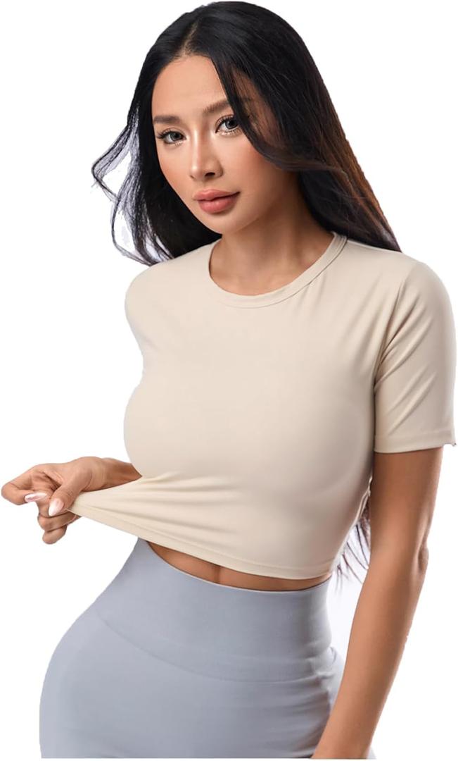 SweatyRocks Women's Twist Open Back Athletic Shirt Short Sleeve Crew Neck Workout Crop Tops (Beige, L)