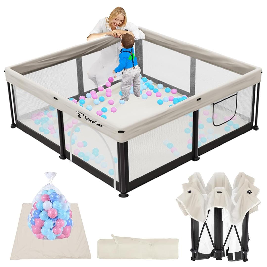 TOREVSIOR Foldable Baby Playpen with Mat, 50"50" Collapsible Play Pen for Babies and Toddlers, Indoor & Outdoor Kids Safety Play Pen, Portable Play Yard, Foldable Baby Playpen with 50 Ocean Balls
